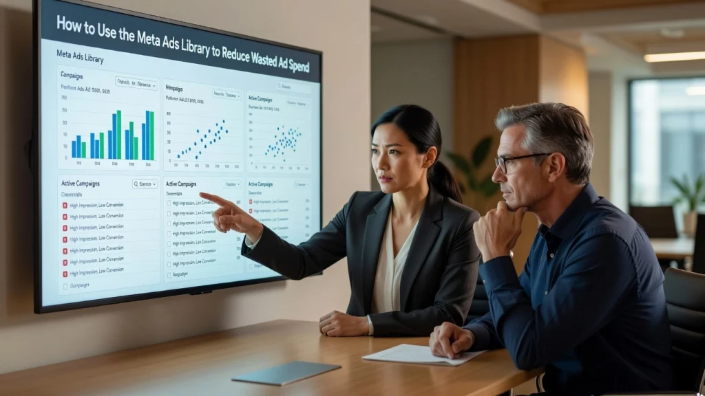 Professional header image for educational tutorial: How to Use the Meta Ads Library to Reduce Wasted Ad Spend