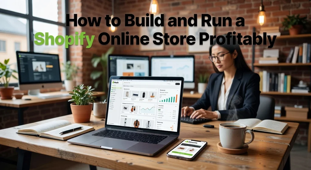 Professional header image for educational tutorial: How to Build and Run a Shopify Online Store Profitably