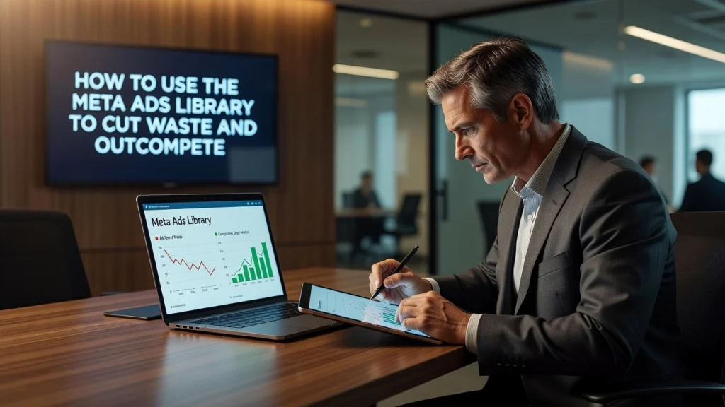 Professional header image for educational tutorial: How to Use the Meta Ads Library to Cut Waste and Outcompete