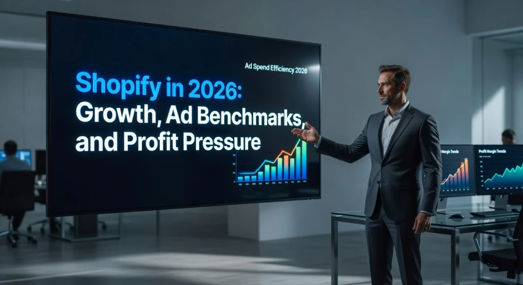 Professional header image for industry analysis: Shopify in 2026: Growth, Ad Benchmarks, and Profit Pressure